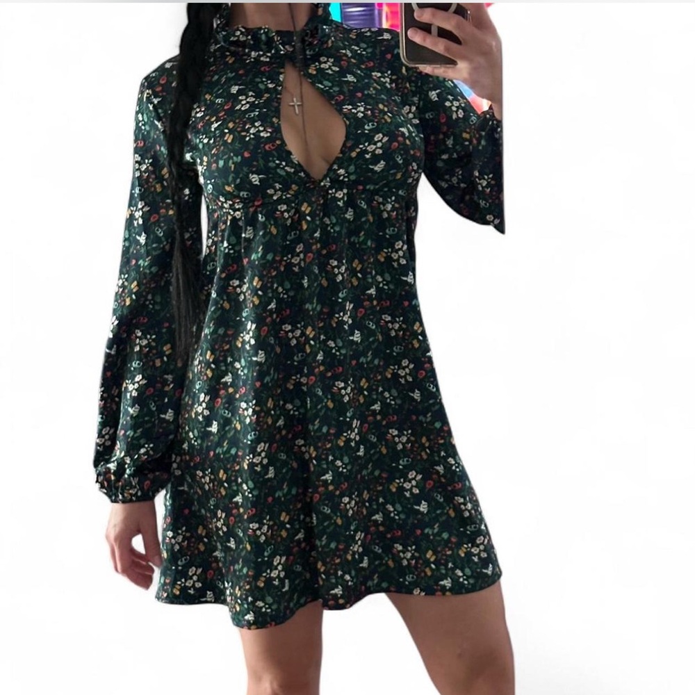 Nasty Gal Dark Green Floral Long Sleeve Dress S/M US 2